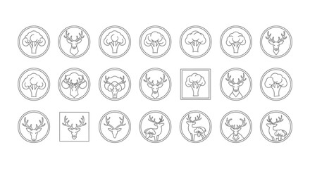 A Collection of Whimsical Line Art Icons Featuring Broccoli and Deer Illustrations