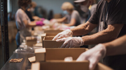 People wearing gloves packing boxes in a production line with masks in the background