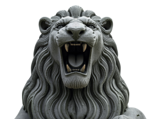 Lion's Majestic Roar Stone Statue of Strength and Power Isolated against a Neutral Field