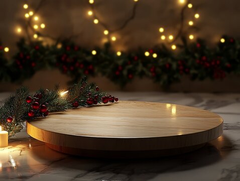 23.A simple round wooden platform resting on elegant marble, with a softly lit Christmas-themed backdrop featuring festive garlands and warm candlelight.