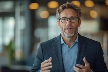 Business executive presenting an idea in a modern office setting, confidently sharing insights and engaging in a discussion with colleagues or clients about new projects or proposals, Generative AI