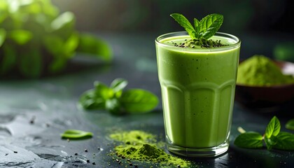 Refreshing vibrant green smoothie in glass with fresh mint leaves on dark textured surface ideal for healthy lifestyle and nutritious beverages