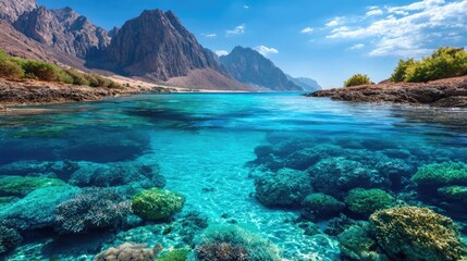 Obraz premium Symbolic meaning showing the interconnected nature concept. A stunning coastal landscape featuring crystal clear water and mountains.