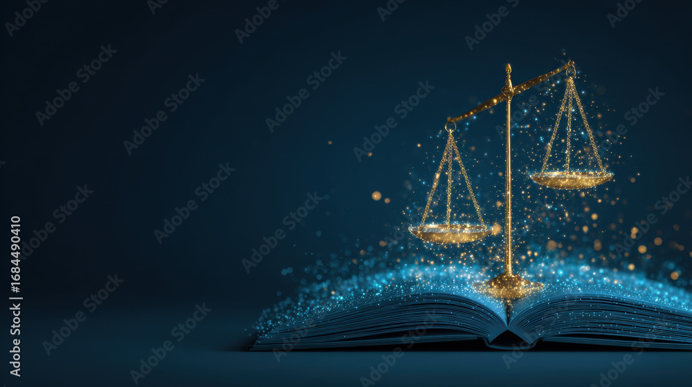 Poster glowing scale of justice rests on open book, symbolizing balance of law and knowledge. scene is illu