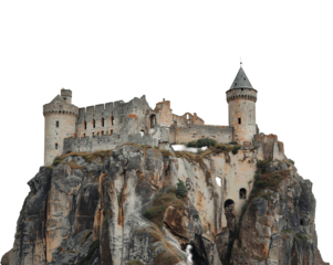 Magnificent medieval castle perched high atop a rugged cliff, bathed in natural light, an awe inspiring scene