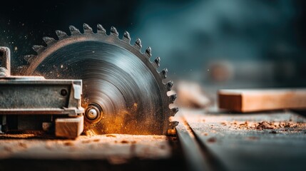 Close-up of a circular saw cutting wood.