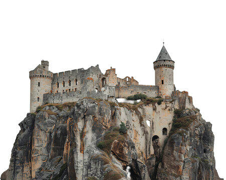 Magnificent medieval castle perched high atop a rugged cliff, bathed in natural light, an awe inspiring scene