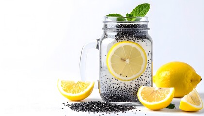 Refreshing Lemon Chia Seed Infused Water in Glass Mason Jar with Fresh Lemons and Mint Leaves on White Background