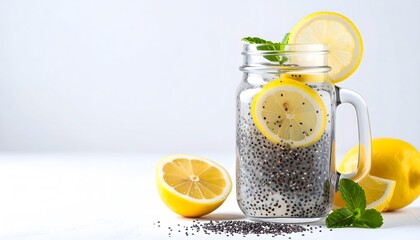 Refreshing Lemon Chia Seed Infused Water in a Glass Jar with Lemon Slices Mint Leaves and Half Lemon on White Background