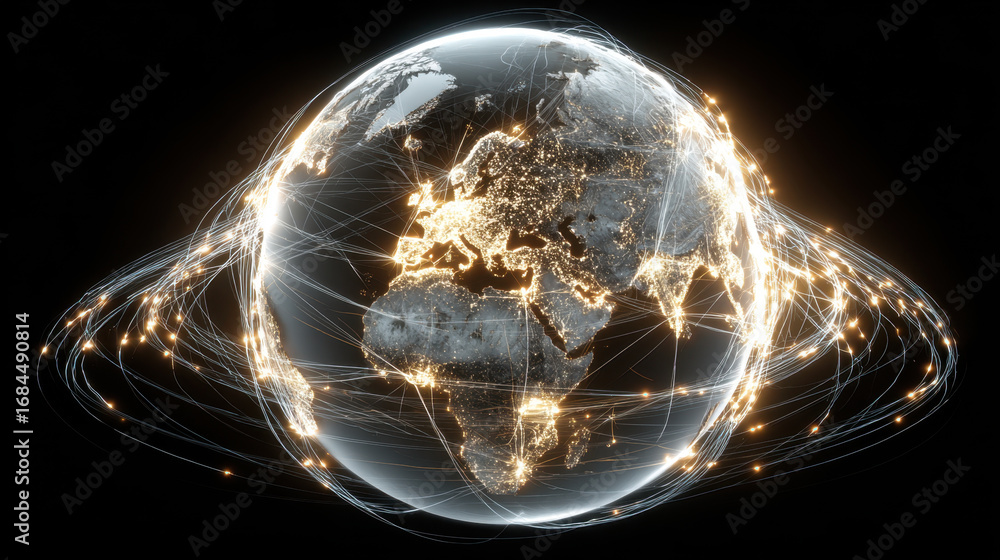 Poster glowing globe representing earth with illuminated continents and dynamic light trails symbolizing co