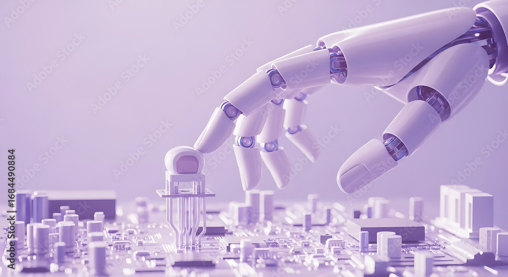 Poster a robotic hand interacting with a microchip on a circuit board in a futuristic setting and soft ligh