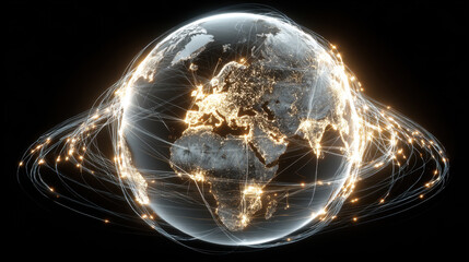 Glowing globe representing Earth with illuminated continents and dynamic light trails symbolizing connectivity and technology. image evokes sense of global unity and innovation