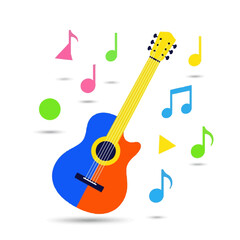 Obraz premium Vibrant acoustic guitar illustration surrounded by colorful musical notes and shapes design