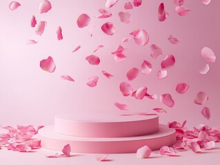 39.A soft pink podium on a solid color backdrop is surrounded by a cascade of rose petals, evoking a sense of luxury and elegance. The petals drift in mid-air, adding a graceful and premium feel to