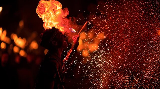 A fire breather performing at night, creating vibrant flames and a stunning spectacle.