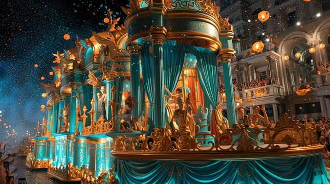 A vibrant parade float adorned with decorations and lights during a festive celebration.