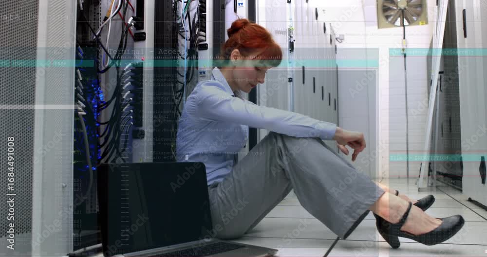 Poster animation of data processing over computer servers and tired caucasian female it engineer