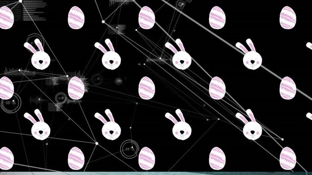 Animation of bunny and egg icons over network of connections on black background