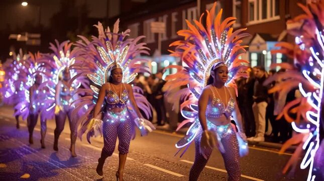 Vibrant parade scene with dancers in colorful costumes and lights at night.