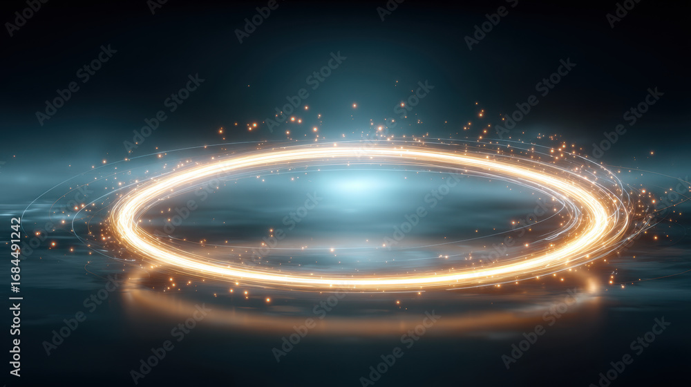 Poster glowing circular light effect creates mesmerizing visual display, surrounded by shimmering particles