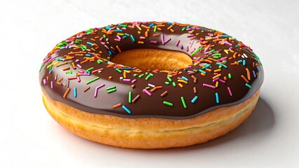 Realistic Glazed Doughnut with Chocolate Frosting and Colorful Sprinkles, Appetizing Food Photography in High Resolution 8K 
