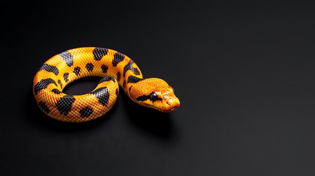 Vibrant orange and black patterned snake coiled on black background