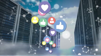 Animation of social media icons and molecules over server room - Powered by Adobe