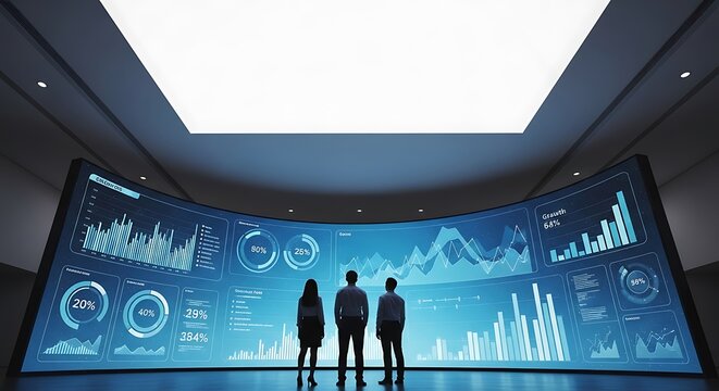 Three people standing in front of a large curved screen displaying data visualizations.