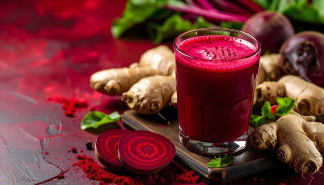 Refreshing beetroot juice in a glass with fresh beets ginger and greens on a rustic table for healthy organic juice beverage and natural detox drink
