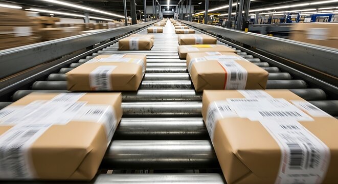 Packages moving on a conveyor belt in a distribution center.