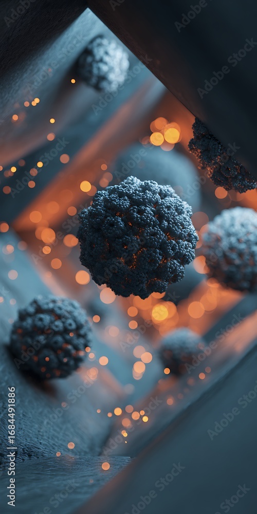 Poster a captivating closeup of abstract spheres suspended in midair, illuminated by warm, glowing particle