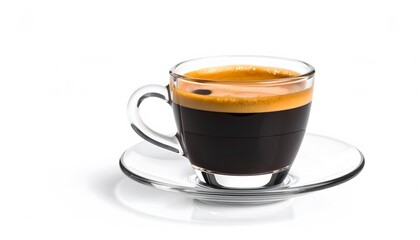 Clear glass cup filled with dark hot coffee with crema on top placed on a glass saucer isolated on a white background