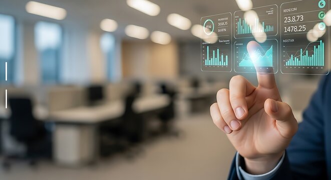 A businessman in a suit interacts with a futuristic holographic display showing financial data and charts in a modern office.