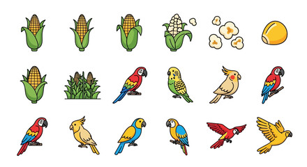 Colorful assortment of parrots and corn icons illustrating biodiversity in agriculture