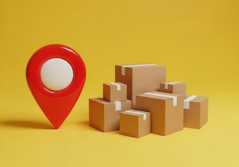Obraz premium A red location pin marker stands next to a pile of cardboard delivery boxes on a yellow background