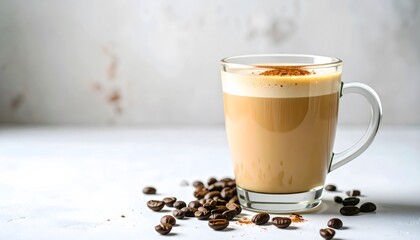 Glass cup of frothy coffee latte with espresso shot on top, surrounded by coffee beans on a light textured background, morning breakfast beverage