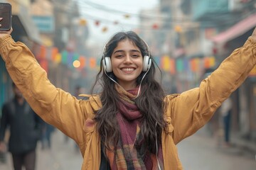 Portrait of a young Indian woman standing on the street with a phone and headphones, dancing joyfully to music, smiling and looking at the camera in a carefree urban setting, Generative AI