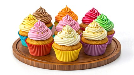Colorful Assortment of Decorated Bakery-Fresh Desserts on Wooden Tray, Vibrant Artistic Confectionery Display with Appetizing and Whimsical Presentation 
