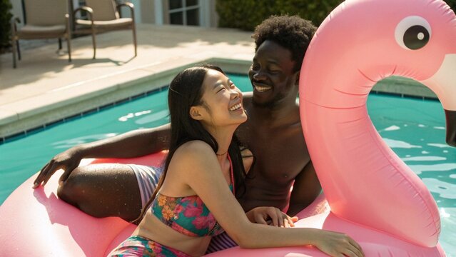 Close Up of Asian Woman and Black Man Smiling Together on Pink Flamingo Float in Swimming Pool