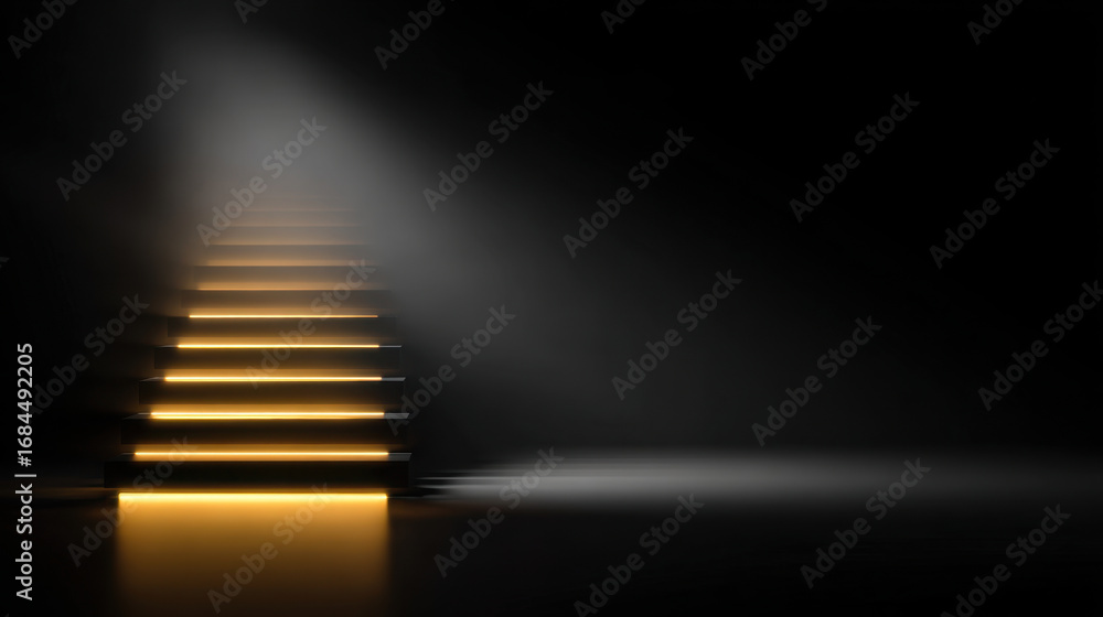 Poster dimly lit staircase with illuminated steps leads upward, creating mysterious and inviting atmosphere