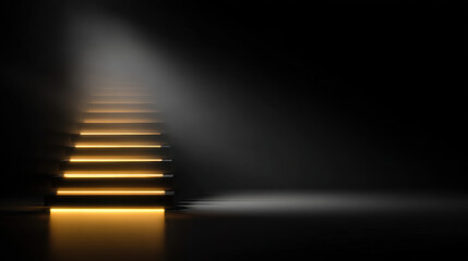 Obraz premium Dimly lit staircase with illuminated steps leads upward, creating mysterious and inviting atmosphere. contrast between light and shadow enhances sense of depth and intrigue