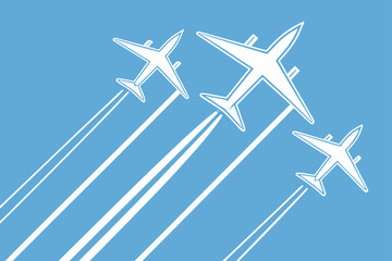 Fototapeta premium Three white airplanes flying with white contrails on a blue sky background aircraft flight