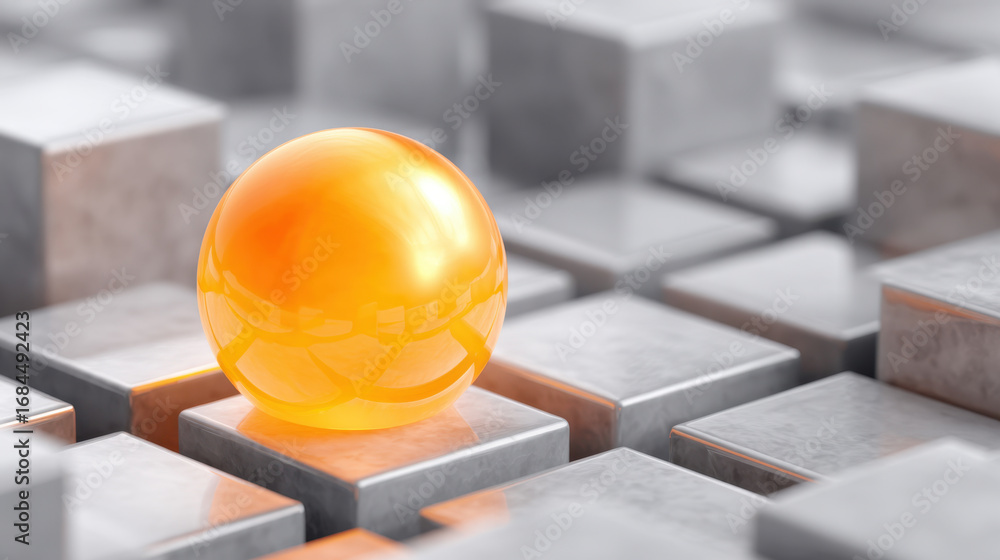 Aufkleber shiny orange sphere rests on surface of metallic gray cubes, creating striking contrast. smooth text