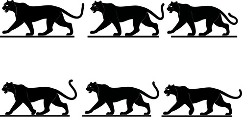 Tiger silhouette sprite sheet, walking frames of tiger, motion sequence vectors, multiple pose study, wildlife animation asset pack