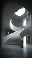 Obraz premium Elegant modern spiral staircase interior with concrete finish, curved lines, soft skylight, spacious central negative space, minimalistic architectural design and contemporary building aesthetics