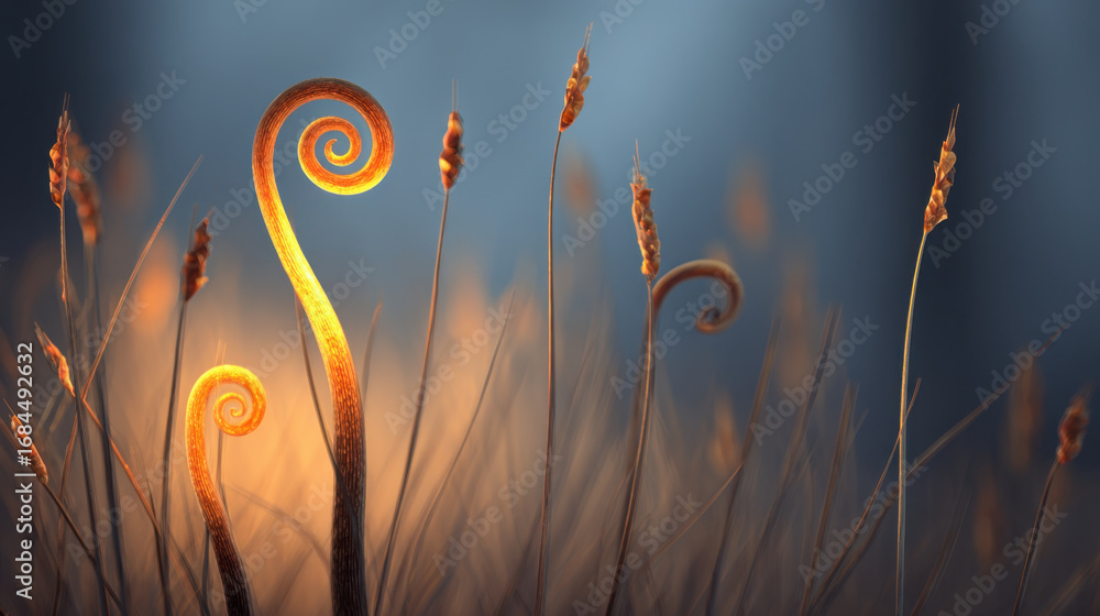 Poster close up view of delicate ferns with spiraled tips, illuminated by soft light, creating serene and e