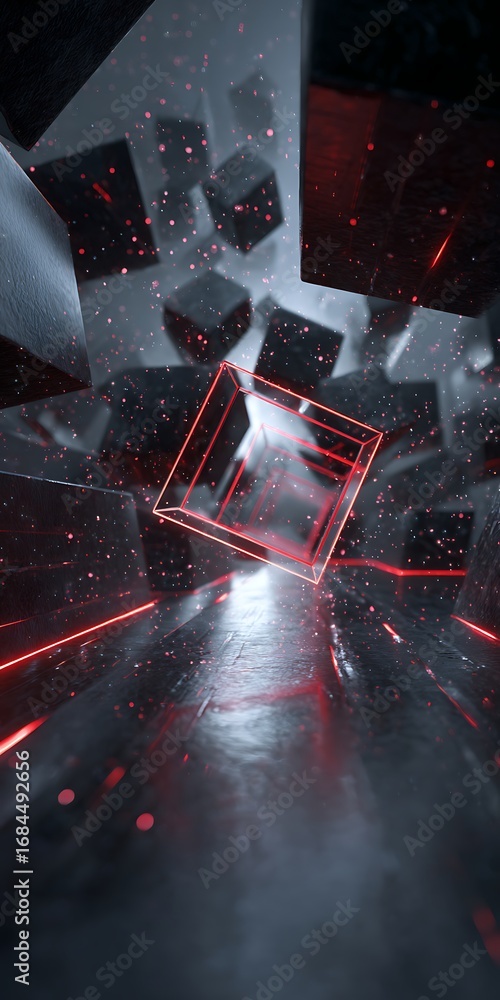 Poster abstract 3d render of floating cubes with red neon outlines, creating a modern and dynamic visual fo