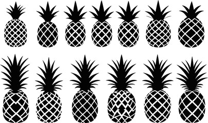 Pineapple silhouette collection, tropical fruit icon pack, repeated pineapple shapes, harvest motif patterns, food sticker vectors, summer design elements © BlackVault Designs