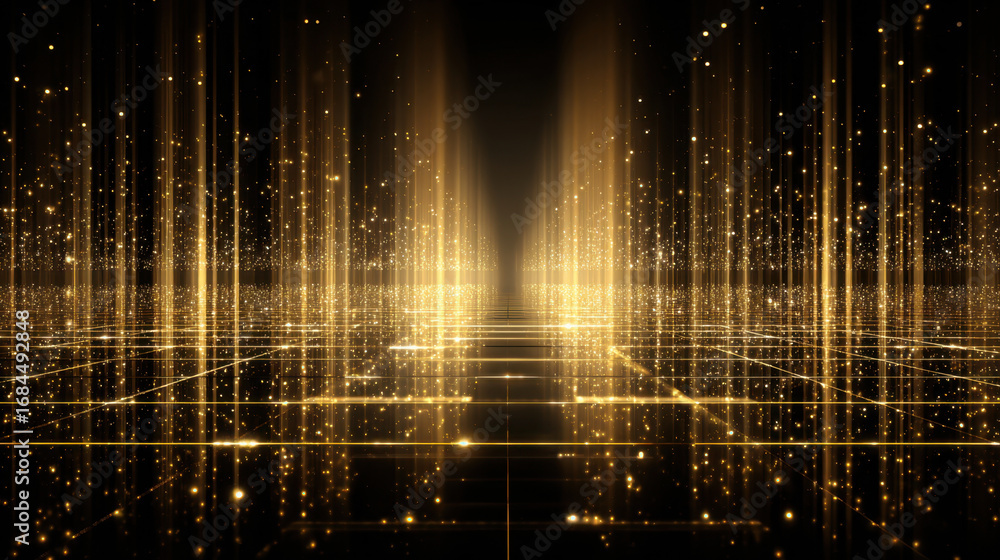 Poster mesmerizing digital landscape featuring shimmering golden lights and particles, creating sense of de