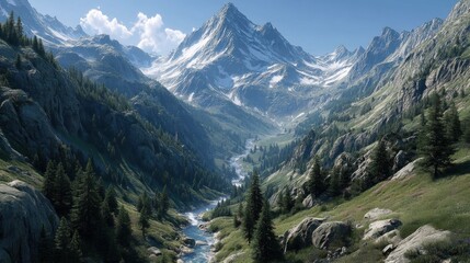 Obraz premium Serene Mountain River Valley Landscape Under a Sunny Sky